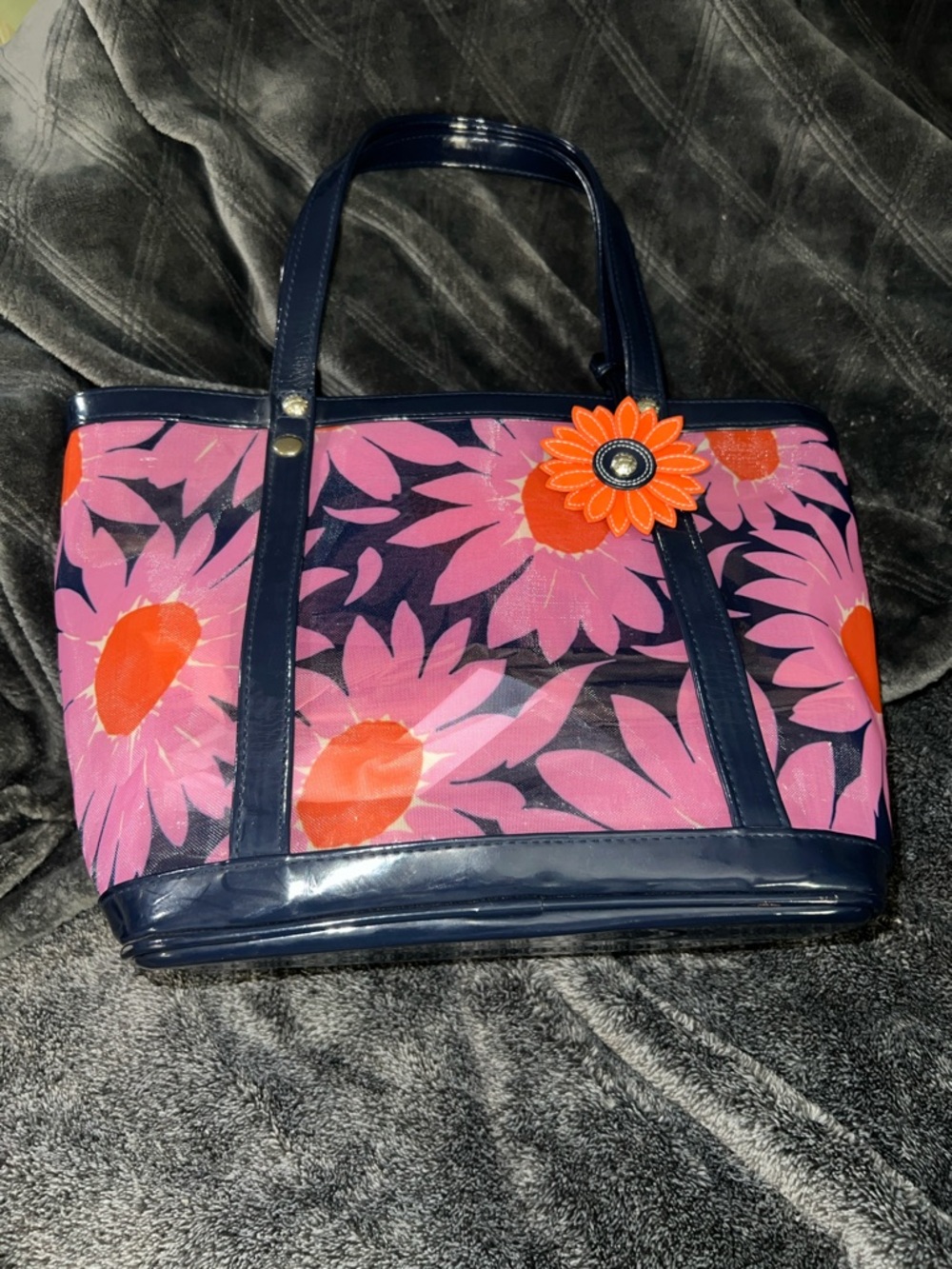 Vera Bradley Navy Floral Tote Bag with Pink & Orange Daisy Print